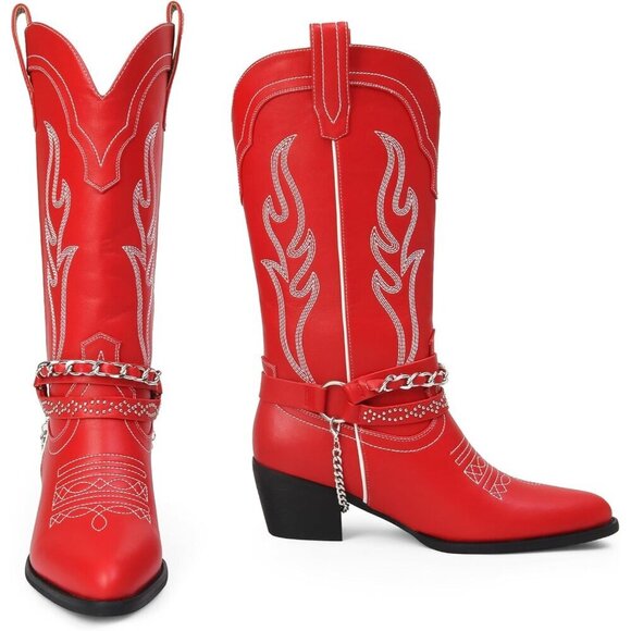 🆕Women Red Cowboy Boot with Chain Pointy Toe Heel Pull on Style Western Boots - Picture 3 of 9